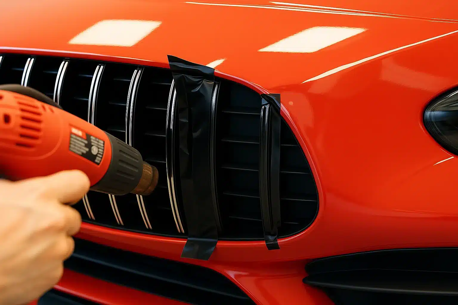 Application d'une bande de déchromage sur voiture rouge
