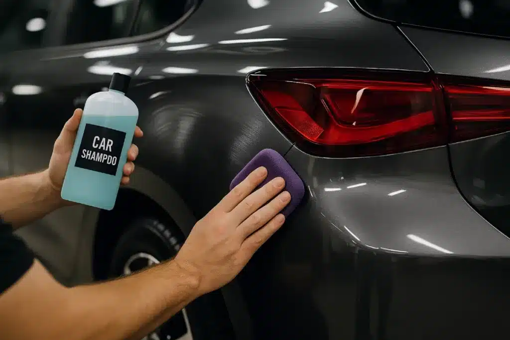 Nettoyage d’un covering voiture avec un shampoing adapté.
