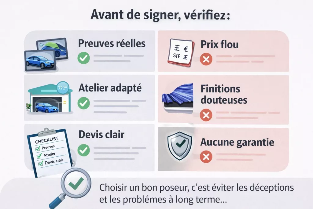 Infographie comparant les bons critères et les signaux d’alerte avant de confier un véhicule à un poseur de covering.